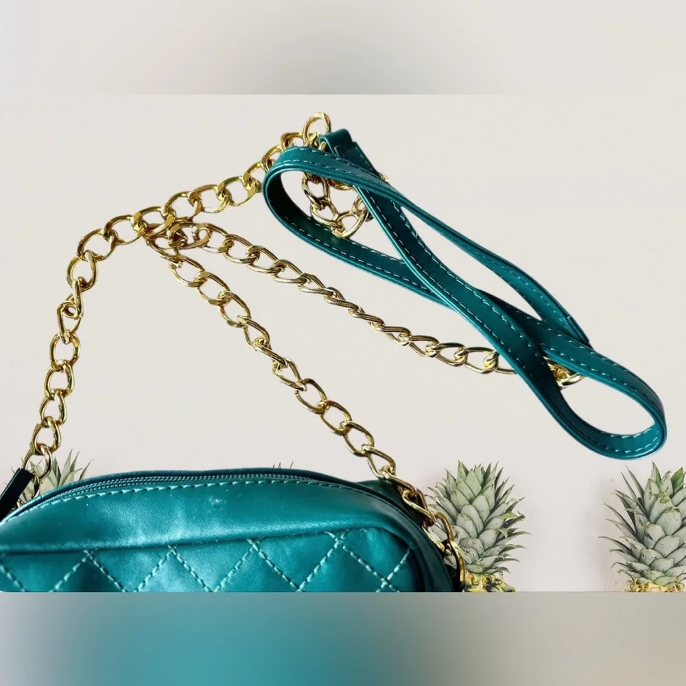 IMAN Teal Green Quilted Leather Crossbody with Gold Chain